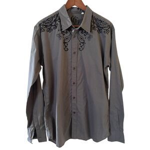 Guess Mens Y2K Grunge Button Shirt Grey XL Graphic Long Sleeve Cross Biker Angel